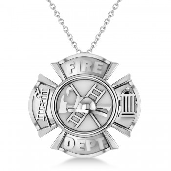 Fire Department Badge Pendant Necklace 14k White Gold