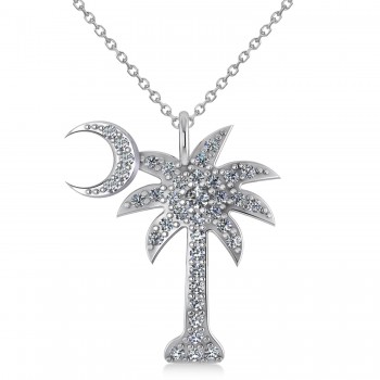 Diamond Palmetto & Crescent Moon Pendant Necklace 14k White Gold (0.81ct)