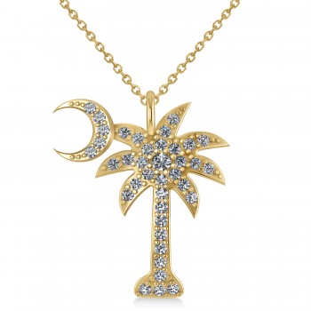 Diamond Palmetto & Crescent Moon Pendant Necklace 14k Yellow Gold (0.81ct)