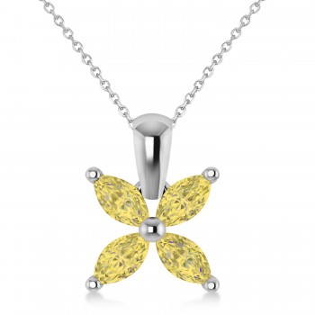 Yellow Diamond Marquise Flower Pendant Necklace 14k White Gold (1.00 ctw)