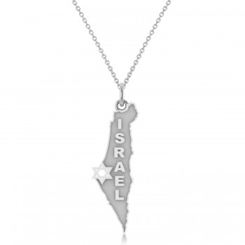 Israel Map Pendant Necklace with Jewish Star 14K White Gold
