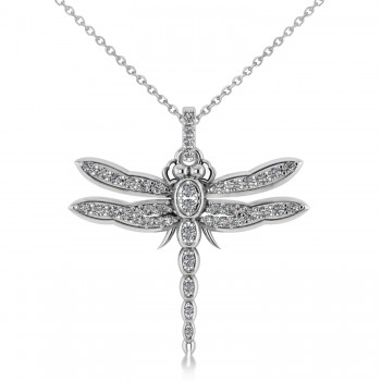 Dragonfly Insect Diamond Pendant Necklace 14k White Gold (0.59ct)