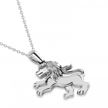Roaring Lion Charm Pendant Necklace 14k White Gold