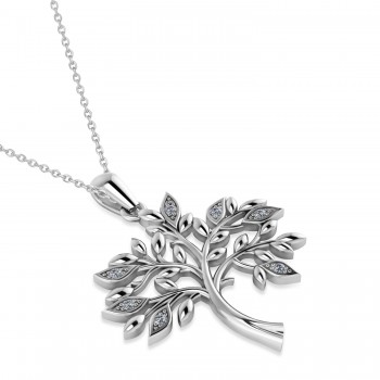 Diamond Family Tree Of Life Charm Pendant Necklace 14k White Gold (0.11 ct)