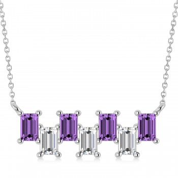 Bar Amethyst & Diamond Baguette Necklace 14k White Gold (2.50ctw)