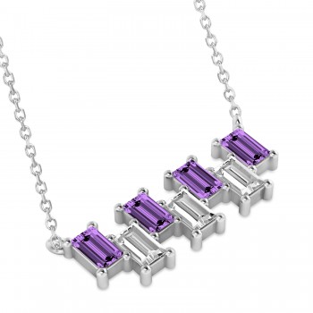 Bar Amethyst & Diamond Baguette Necklace 14k White Gold (2.50ctw)