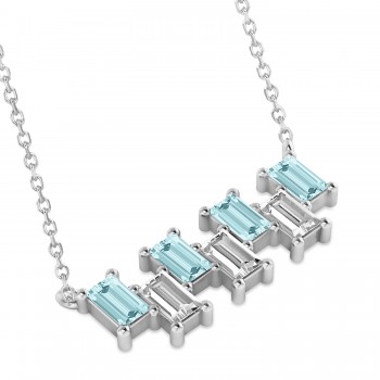 Bar Aquamarine & Diamond Baguette Necklace 14k White Gold (1.90 ctw)