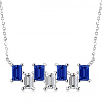 Bar Blue Sapphire & Diamond Baguette Necklace 14k White Gold (3.10 ctw)