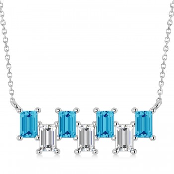 Bar Blue Topaz & Diamond Baguette Necklace 14k White Gold (1.98 ctw)