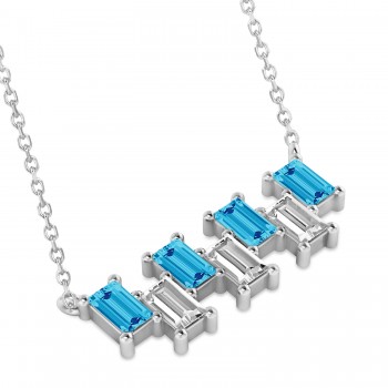 Bar Blue Topaz & Diamond Baguette Necklace 14k White Gold (1.98 ctw)