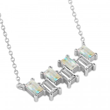 Bar Opal & Diamond Baguette Necklace 14k White Gold (2.10 ctw)