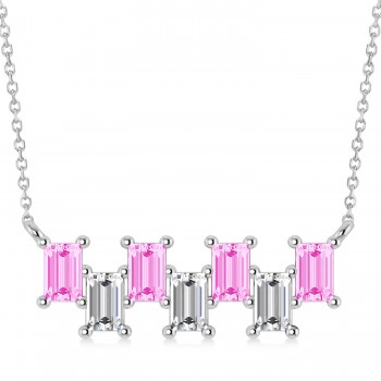 Bar Pink Sapphire & Diamond Baguette Necklace 14k White Gold (3.10 ctw)