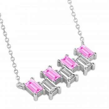 Bar Pink Sapphire & Diamond Baguette Necklace 14k White Gold (3.10 ctw)