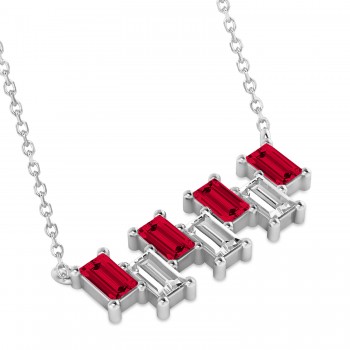 Bar Ruby & Diamond Baguette Necklace 14k White Gold (3.10 ctw)