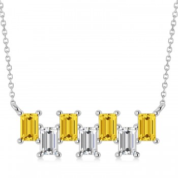 Bar Yellow Sapphire & Diamond Baguette Necklace 14k White Gold (3.10 ctw)