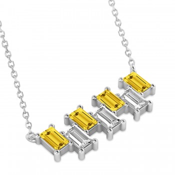 Bar Yellow Sapphire & Diamond Baguette Necklace 14k White Gold (3.10 ctw)