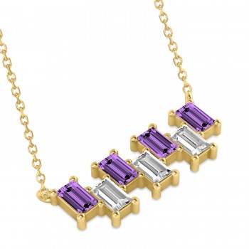 Bar Amethyst & Diamond Baguette Necklace 14k Yellow Gold (2.50 ctw)