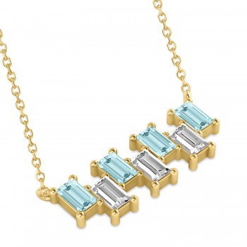 Bar Aquamarine & Diamond Baguette Necklace 14k Yellow Gold (1.90 ctw)