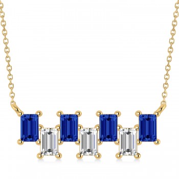 Bar Blue Sapphire & Diamond Baguette Necklace 14k Yellow Gold (3.10 ctw)