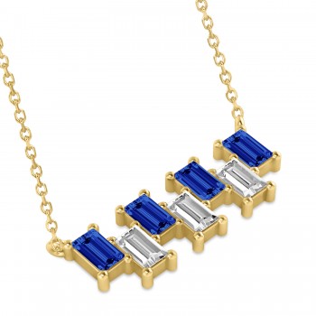 Bar Blue Sapphire & Diamond Baguette Necklace 14k Yellow Gold (3.10 ctw)