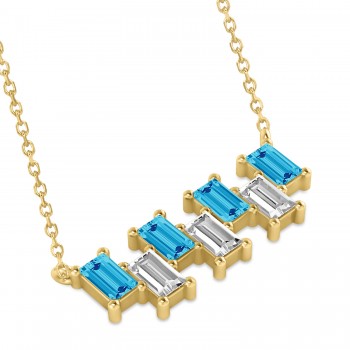 Bar Blue Topaz & Diamond Baguette Necklace 14k Yellow Gold (1.98 ctw)