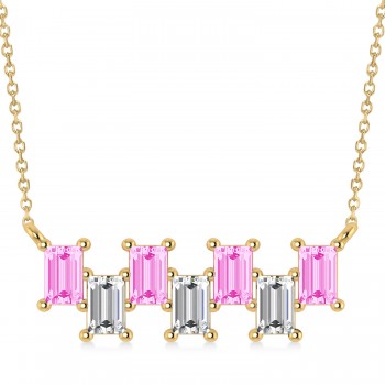 Bar Pink Sapphire & Diamond Baguette Necklace 14k Yellow Gold (3.10 ctw)