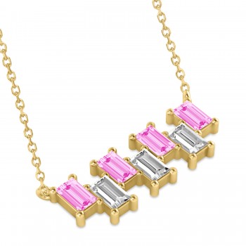 Bar Pink Sapphire & Diamond Baguette Necklace 14k Yellow Gold (3.10 ctw)