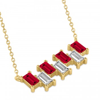 Bar Ruby & Diamond Baguette Necklace 14k Yellow Gold (3.10 ctw)