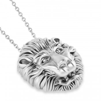 Lion's Head Pendant Necklace 14k White Gold