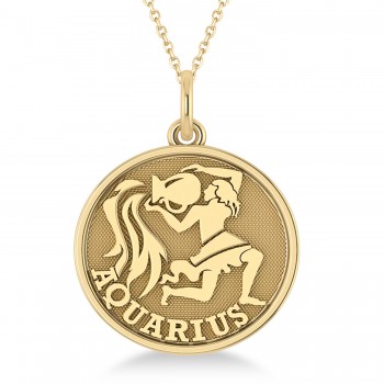 Aquarius Coin Zodiac Pendant Necklace 14k Yellow Gold