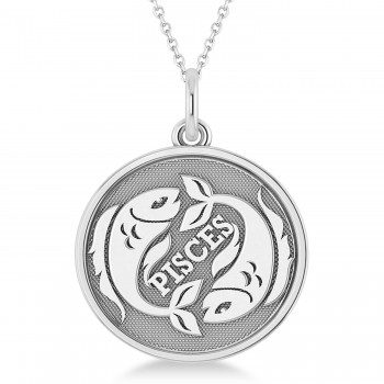 Pisces Coin Zodiac Pendant Necklace 14k White Gold