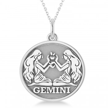 Gemini Coin Zodiac Pendant Necklace 14k White Gold