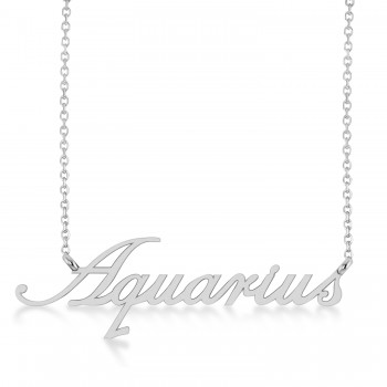 Aquarius Zodiac Text Pendant Necklace 14k White Gold