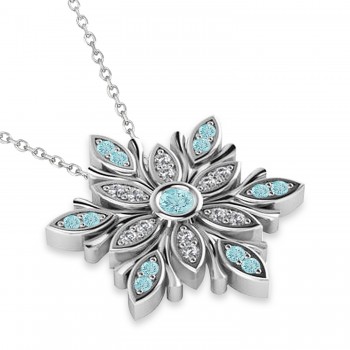 Diamond & Aquamarines Snowflake Necklace 14k White Gold (0.29ct)