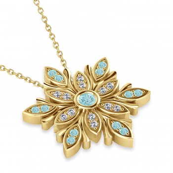 Diamond & Aquamarines Snowflake Necklace 14k Yellow Gold (0.29ct)