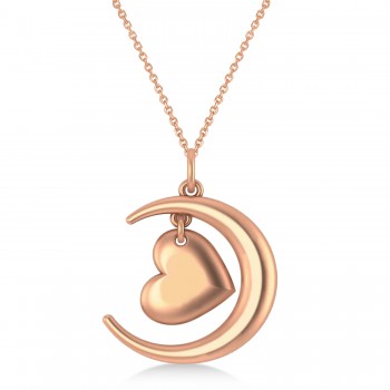 Moon with Heart Pendant Necklace 14K Rose Gold