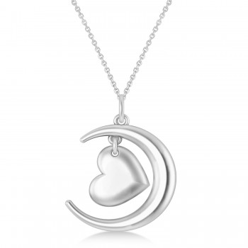 Moon with Heart Pendant Necklace 14K White Gold