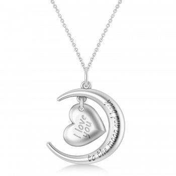 Moon with Heart  I Love You To The Moon and Back Pendant Necklace 14K White Gold