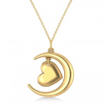 Moon with Heart Pendant Necklace 14K Yellow Gold