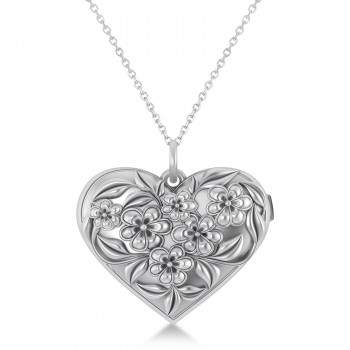 Floral Designed Heart Locket Necklace 14k White Gold