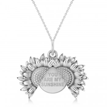 Sunflower You Are My Sunshine Pendant Necklace 14K White Gold