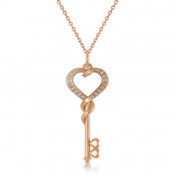 Diamond Heart Key Pendant Necklace 14k Rose Gold (0.18ct)