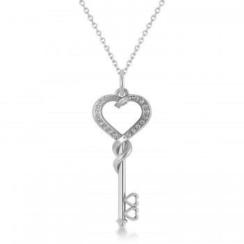 Diamond Heart Key Pendant Necklace 14k White Gold (0.18ct)