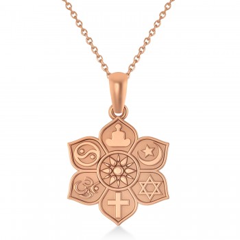 Coexist Symbols on Lotus Flower Pendant Necklace 14k Rose Gold