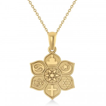 Coexist Symbols on Lotus Flower Pendant Necklace 14k Yellow Gold