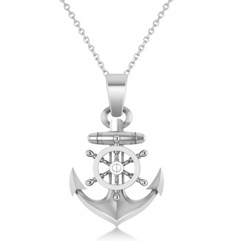 Men's Anchor With Ship's Wheel Pendant Necklace 14k White Gold