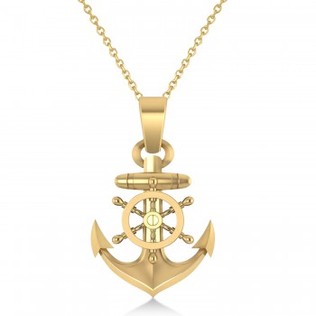 Men's Anchor With Ship's Wheel Pendant Necklace 14k Yellow Gold