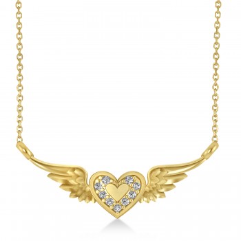 Diamond Heart & Angel Wings Pendant Necklace 14k Yellow Gold (0.05ct)