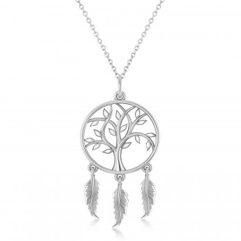 Tree of Life Dream Catcher Pendant Necklace 14k White Gold