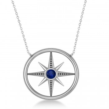 Blue Sapphire Compass Men's Pendant Necklace 14k White Gold (0.25ct)